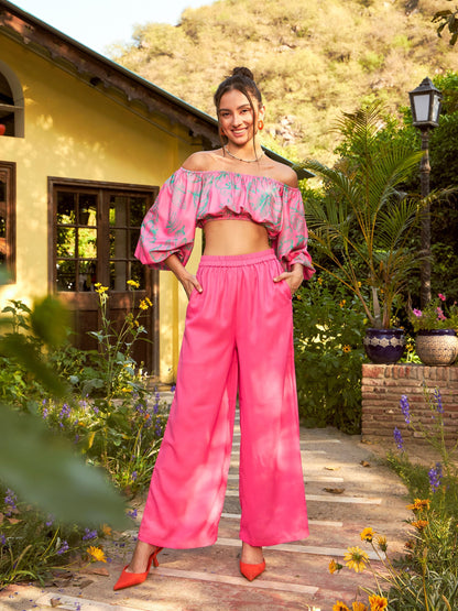 Women's Pink Floral Off-Shoulder Top With Straight Pants