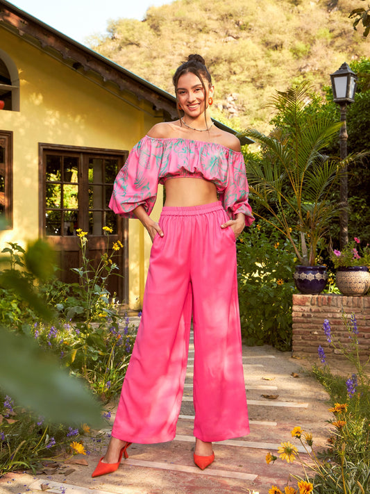 Women's Pink Floral Off-Shoulder Top With Straight Pants