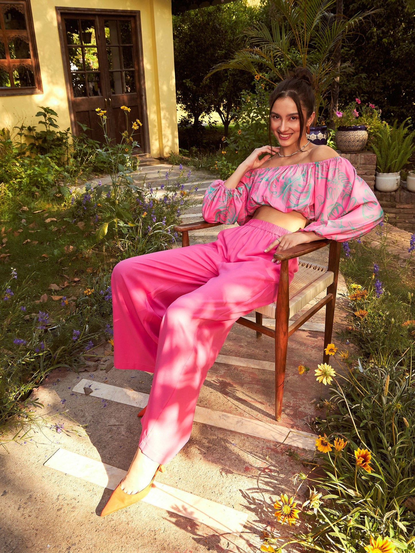 Women's Pink Floral Off-Shoulder Top With Straight Pants
