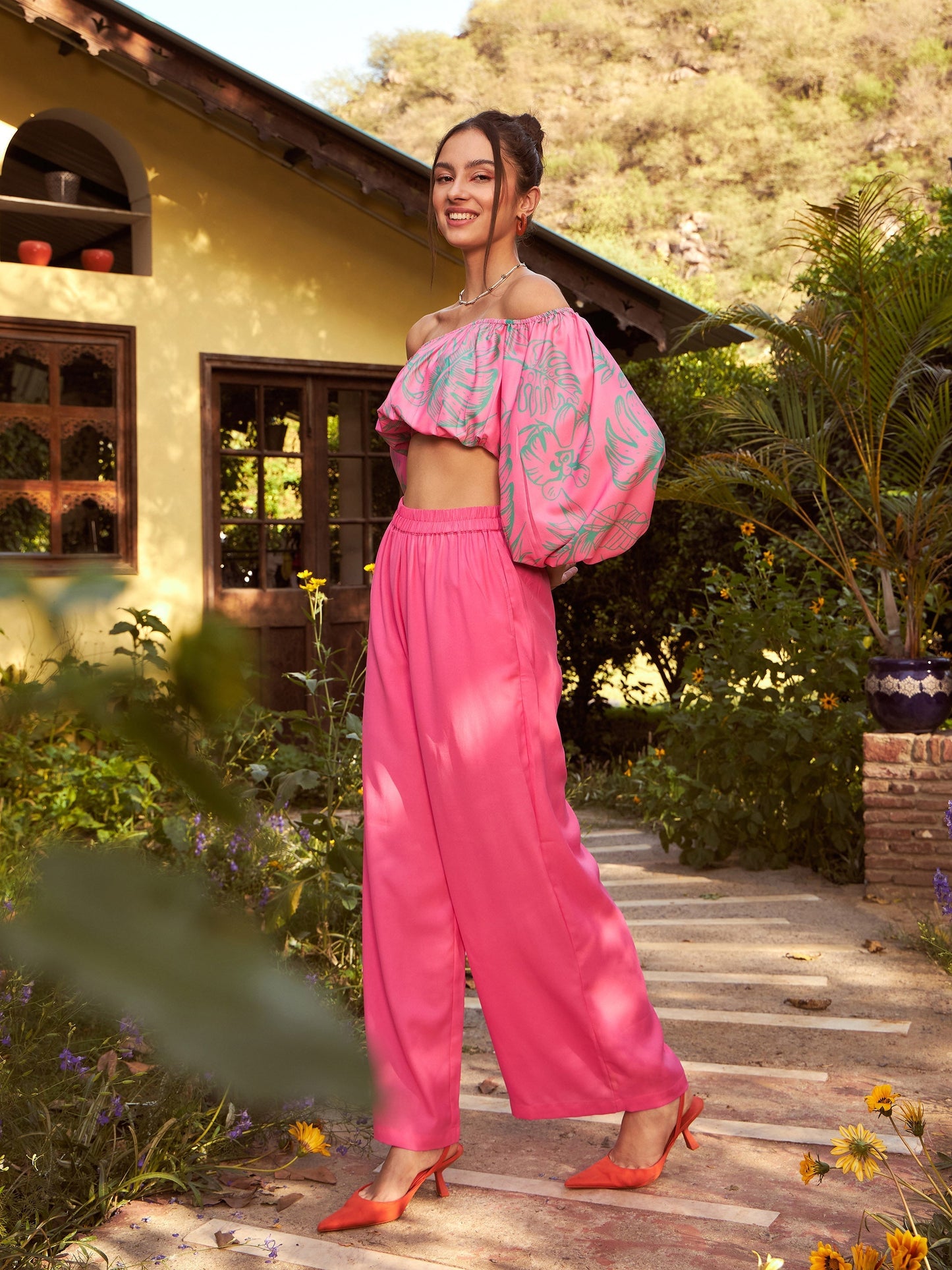Women's Pink Floral Off-Shoulder Top With Straight Pants