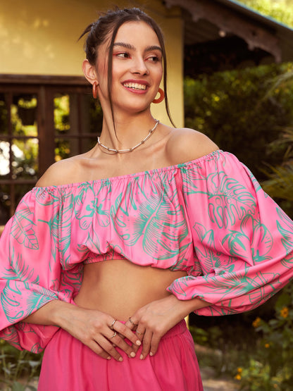 Women's Pink Floral Off-Shoulder Top With Straight Pants