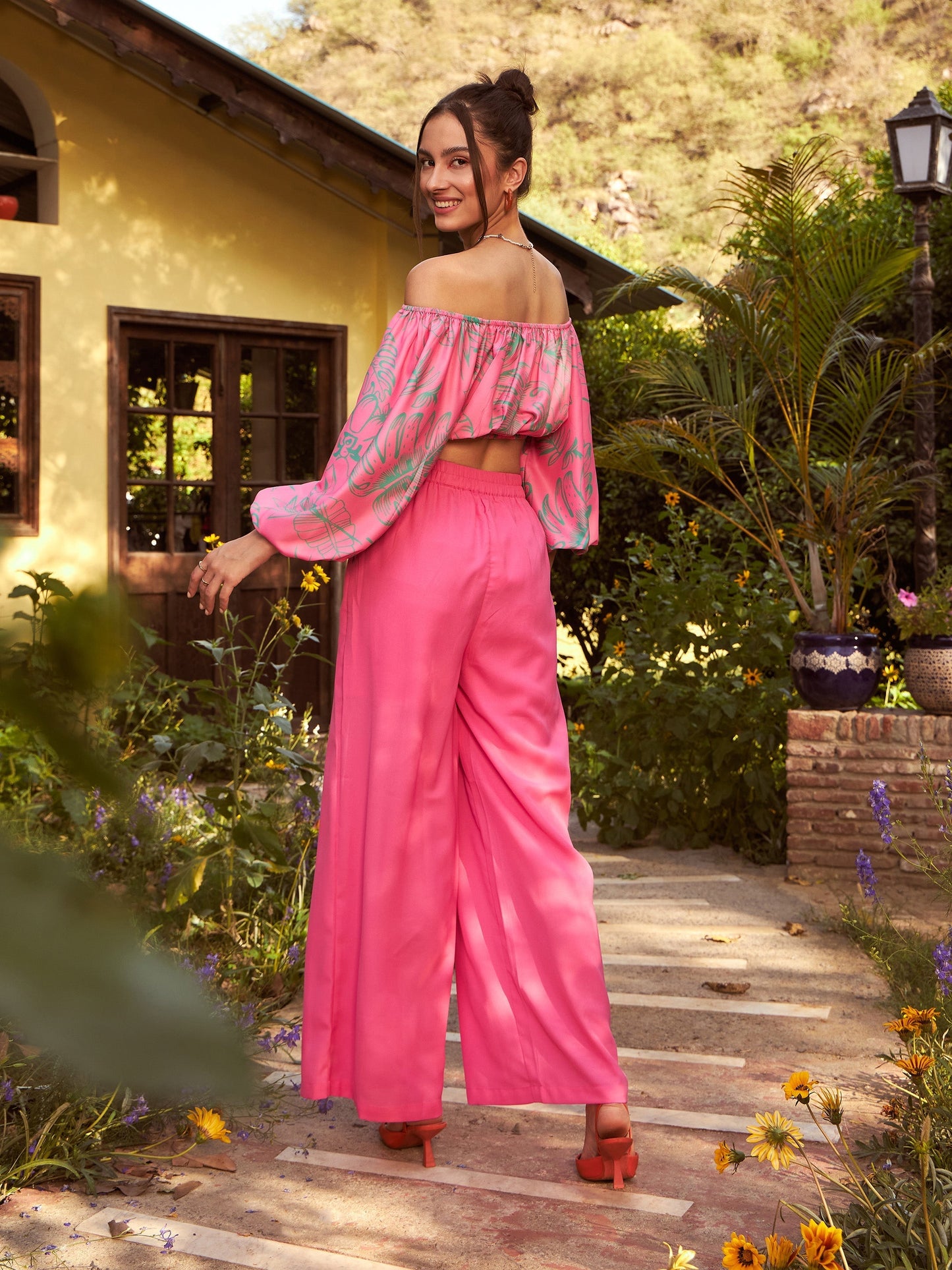 Women's Pink Floral Off-Shoulder Top With Straight Pants