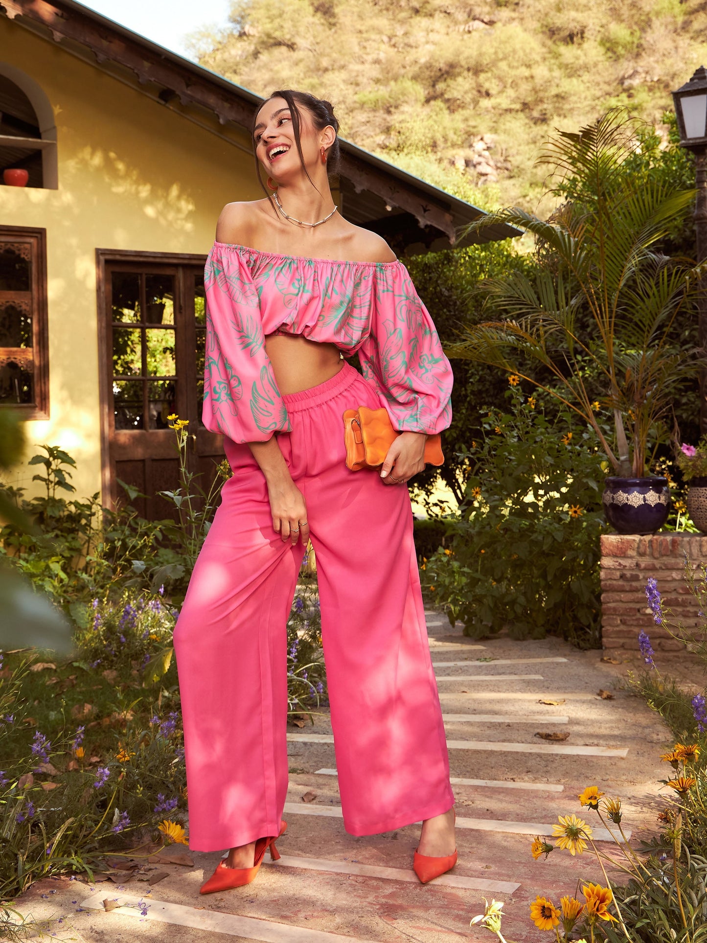 Women's Pink Floral Off-Shoulder Top With Straight Pants