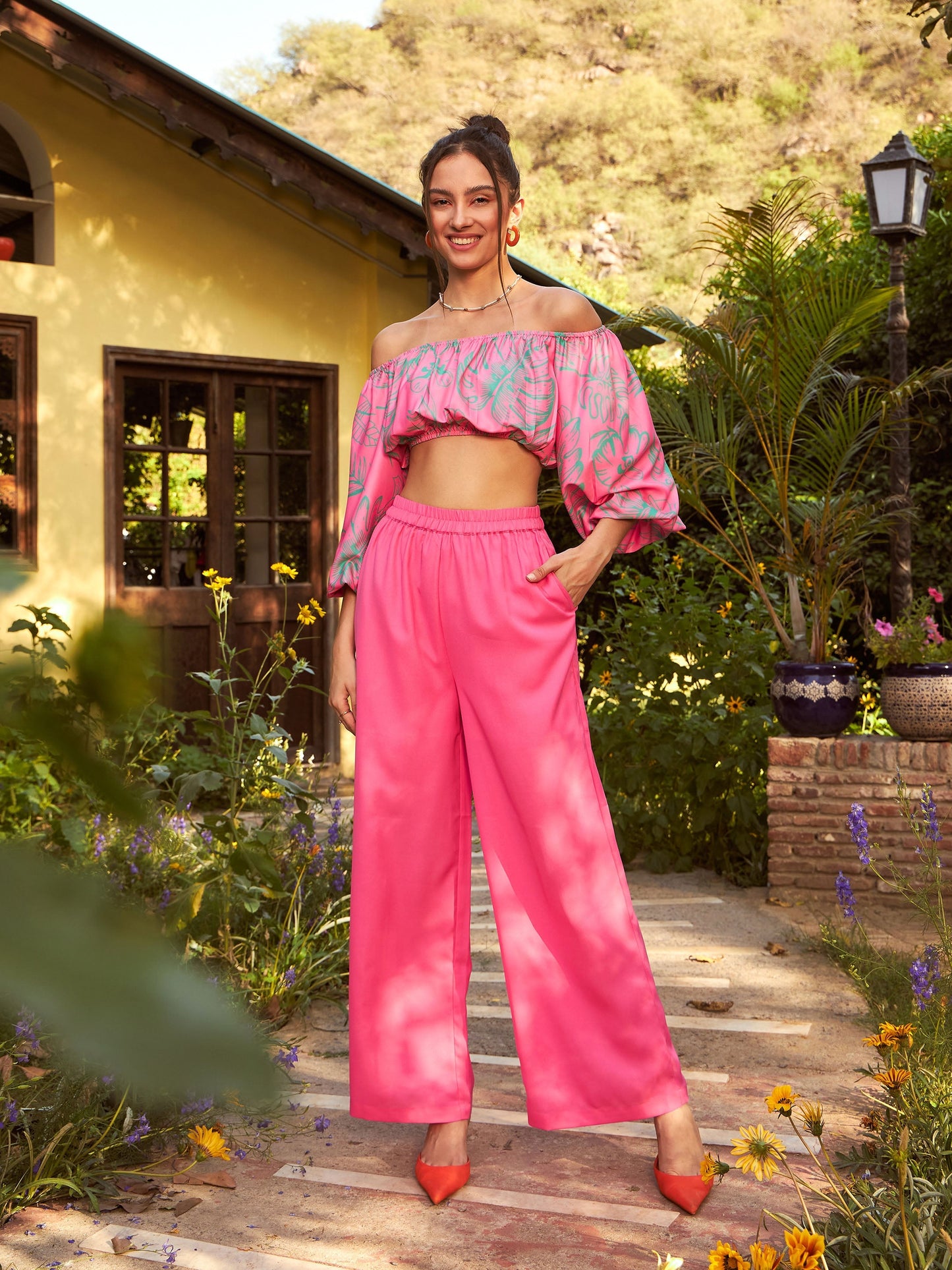 Women's Pink Floral Off-Shoulder Top With Straight Pants