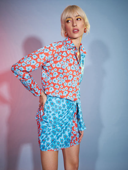 Women's Turquoise & Orange Floral Shirt With Wrap Skirt