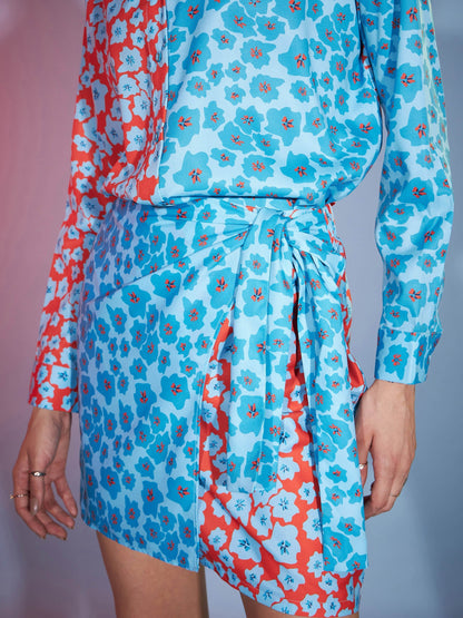 Women's Turquoise & Orange Floral Shirt With Wrap Skirt