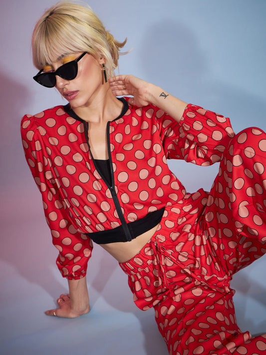 Women's Red Polka Jacket With Darted Pants