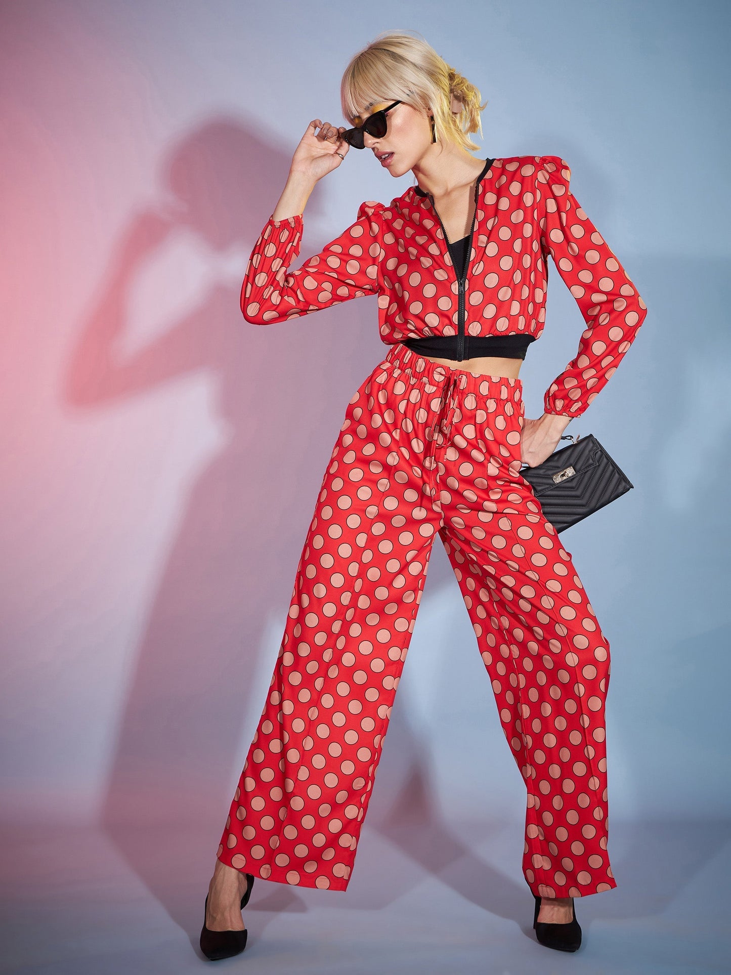Women's Red Polka Jacket With Darted Pants