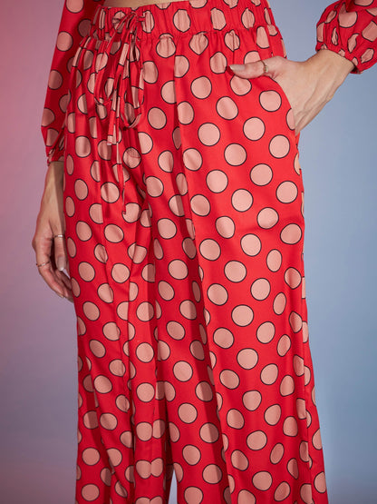 Women's Red Polka Jacket With Darted Pants