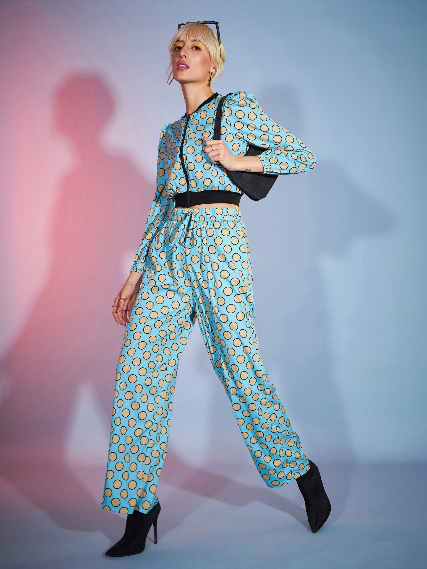 Women's Turquoise Polka Jacket With Darted Pants