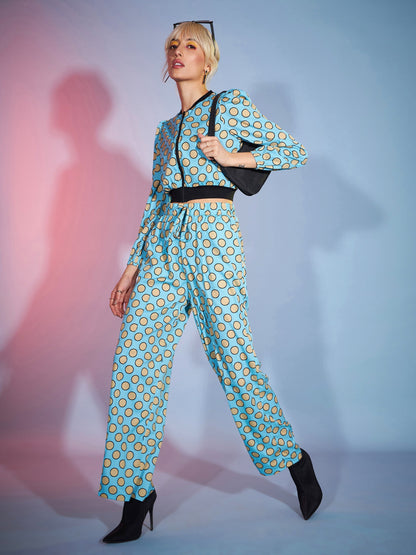 Women's Turquoise Polka Jacket With Darted Pants