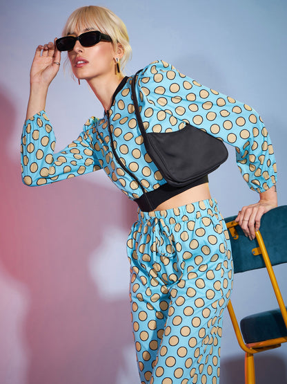 Women's Turquoise Polka Jacket With Darted Pants