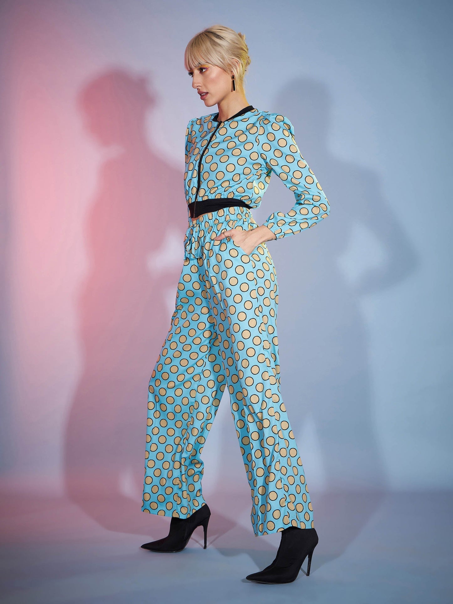 Women's Turquoise Polka Jacket With Darted Pants