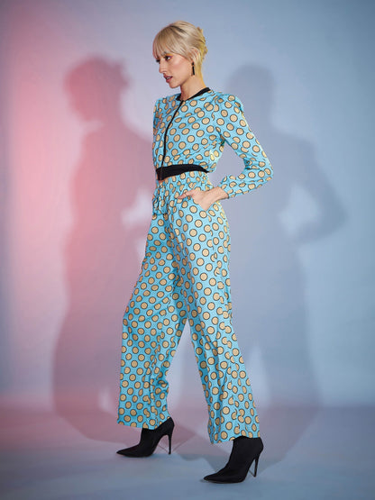 Women's Turquoise Polka Jacket With Darted Pants