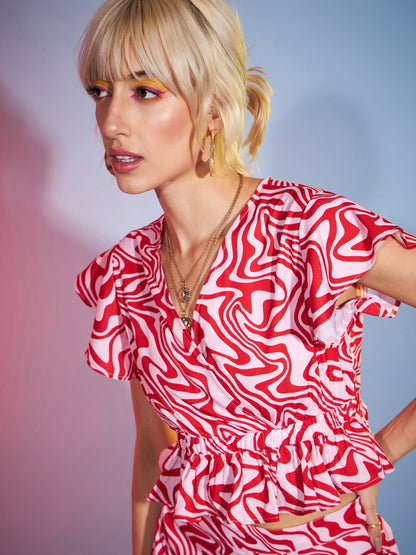 Women's Red Abstract Peplum Top With Tapered Pants