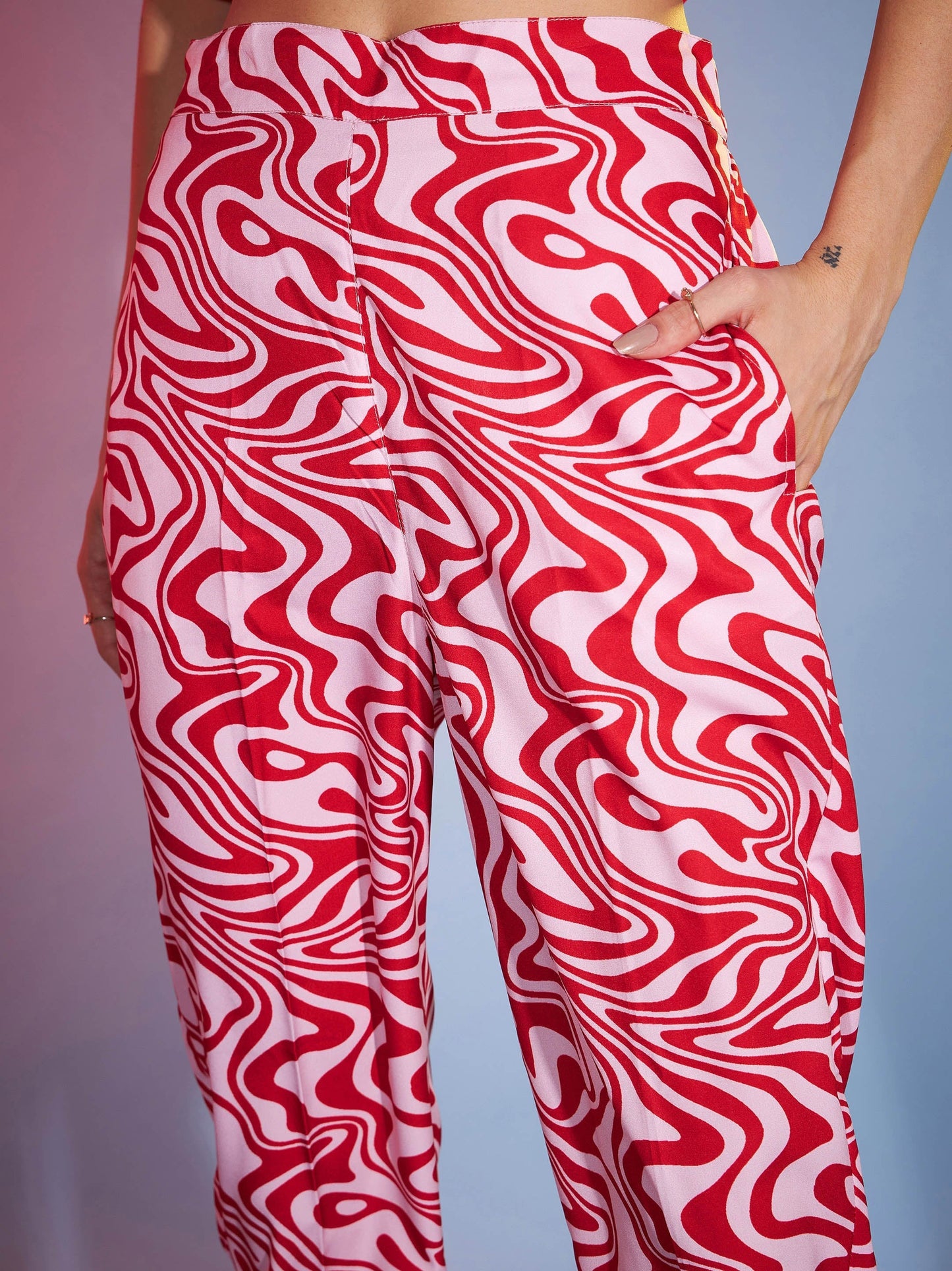 Women's Red Abstract Peplum Top With Tapered Pants