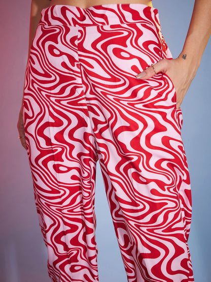 Women's Red Abstract Peplum Top With Tapered Pants