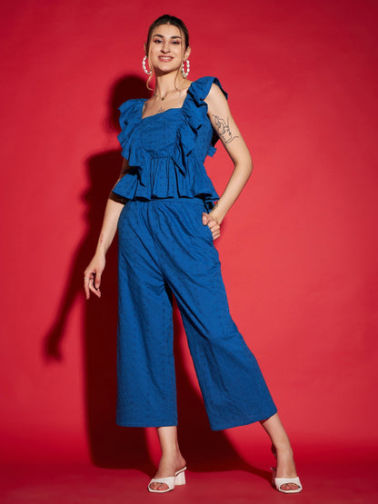 Women's Royal Blue Schiffli Peplum Top With Palazzos