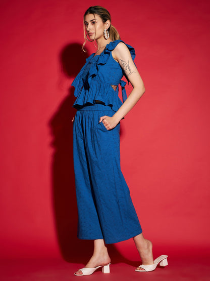 Women's Royal Blue Schiffli Peplum Top With Palazzos