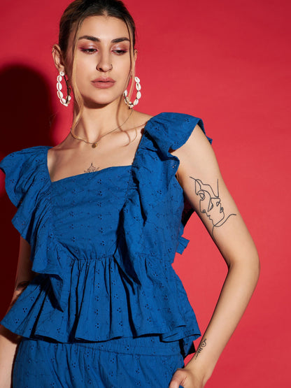 Women's Royal Blue Schiffli Peplum Top With Palazzos