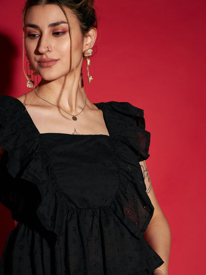 Women's Black Schiffli Peplum Top With Palazzos