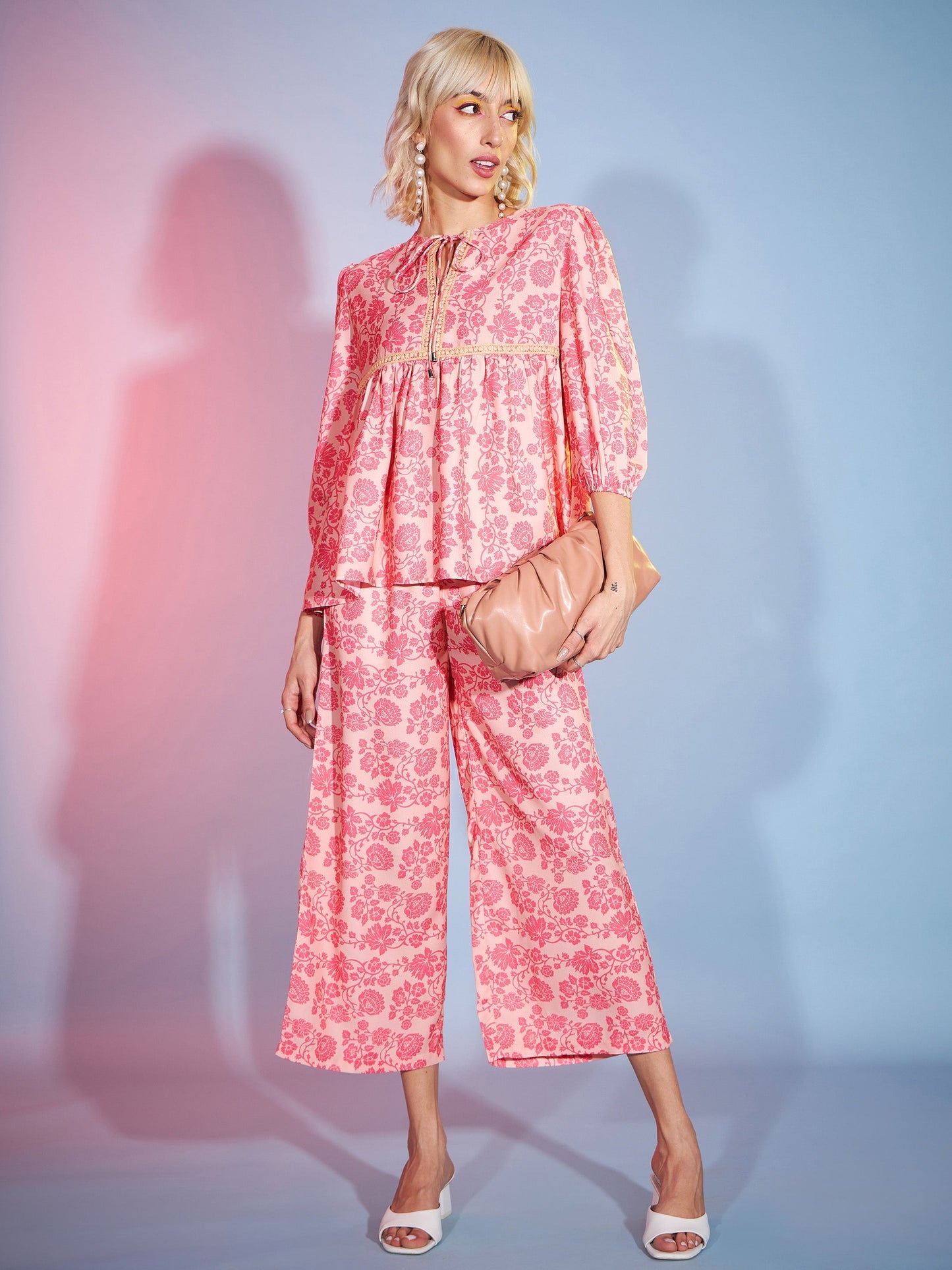 Women's Peach Floral Lace Peplum Top With Straight Pants