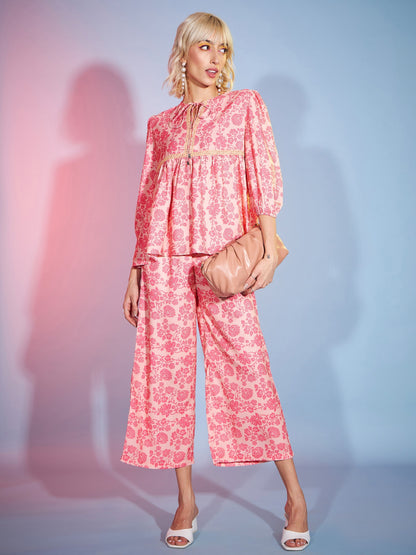 Women's Peach Floral Lace Peplum Top With Straight Pants