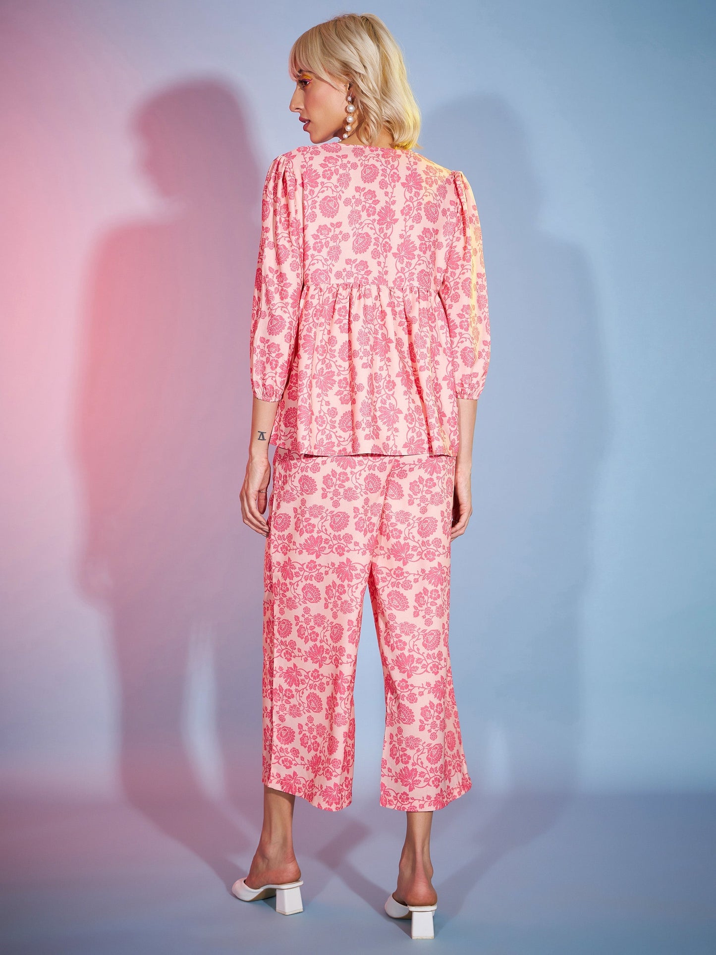 Women's Peach Floral Lace Peplum Top With Straight Pants