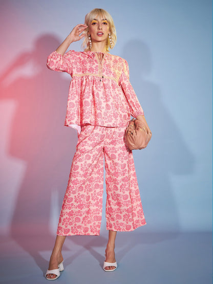 Women's Peach Floral Lace Peplum Top With Straight Pants