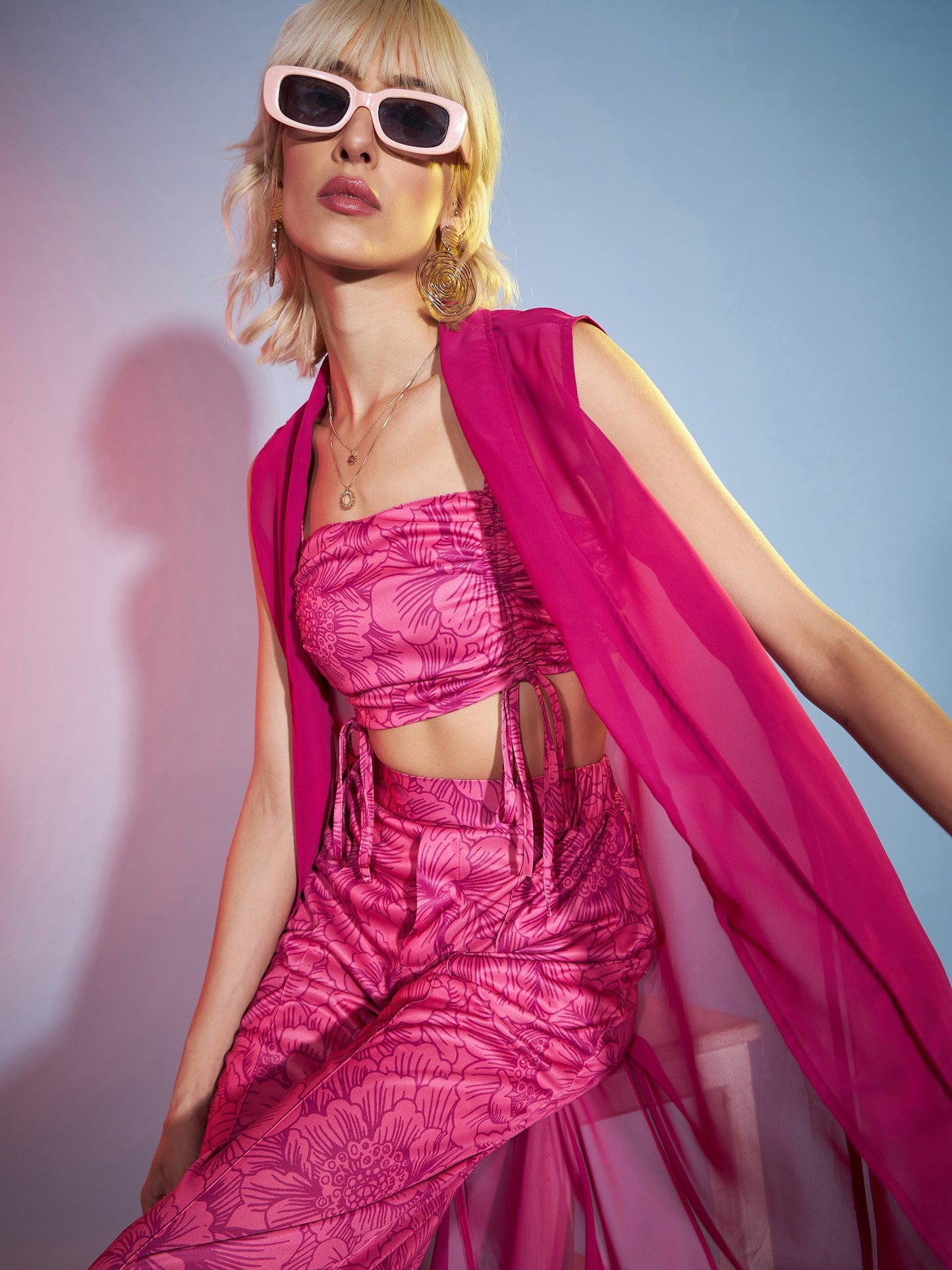 Women's Pink Ruched Crop Top With Pants & Shrug