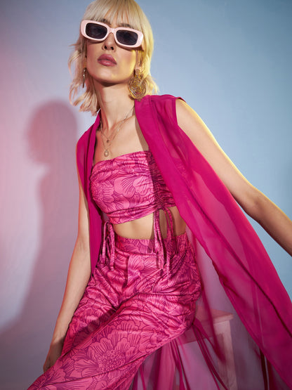 Women's Pink Ruched Crop Top With Pants & Shrug
