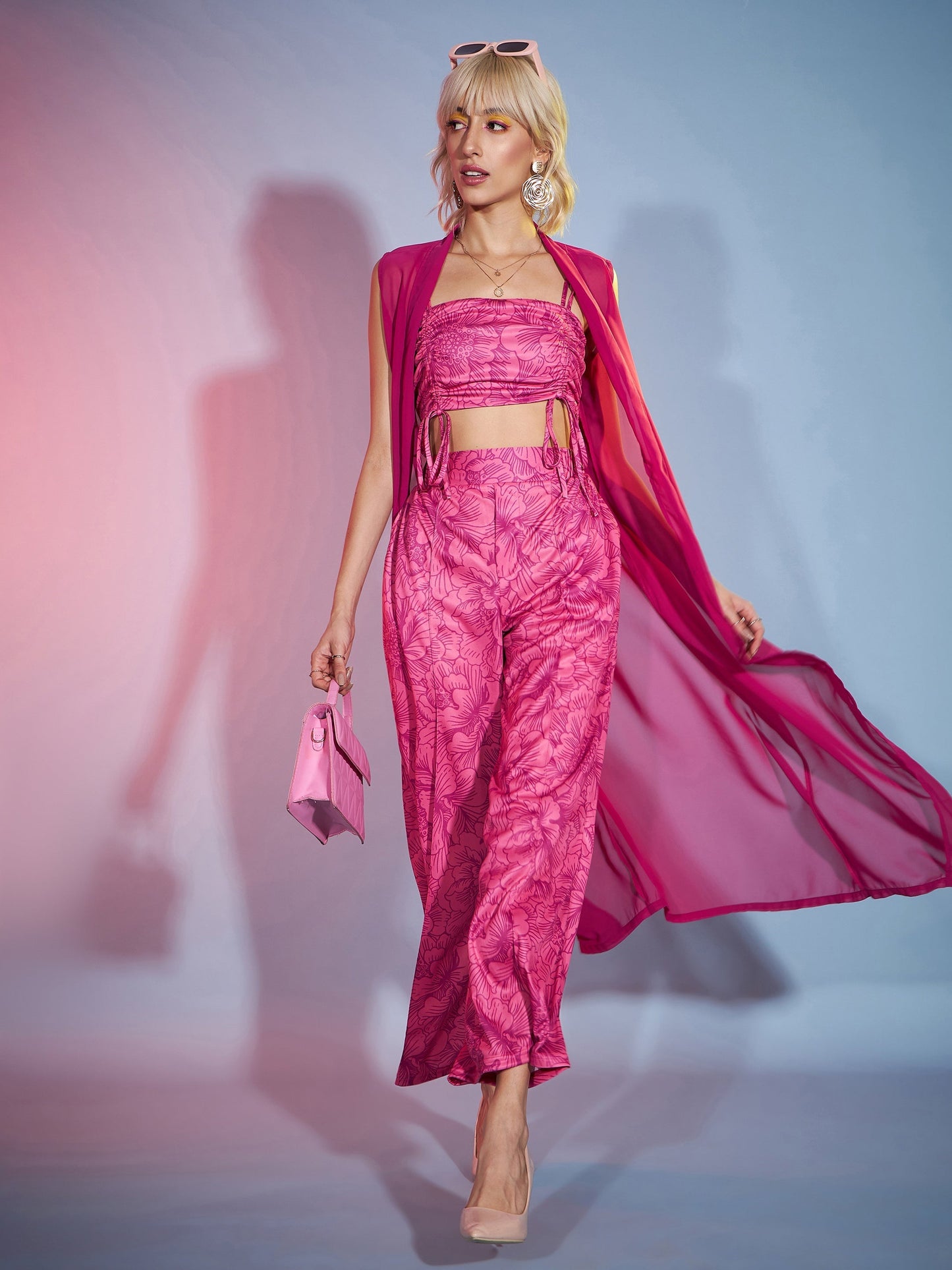 Women's Pink Ruched Crop Top With Pants & Shrug