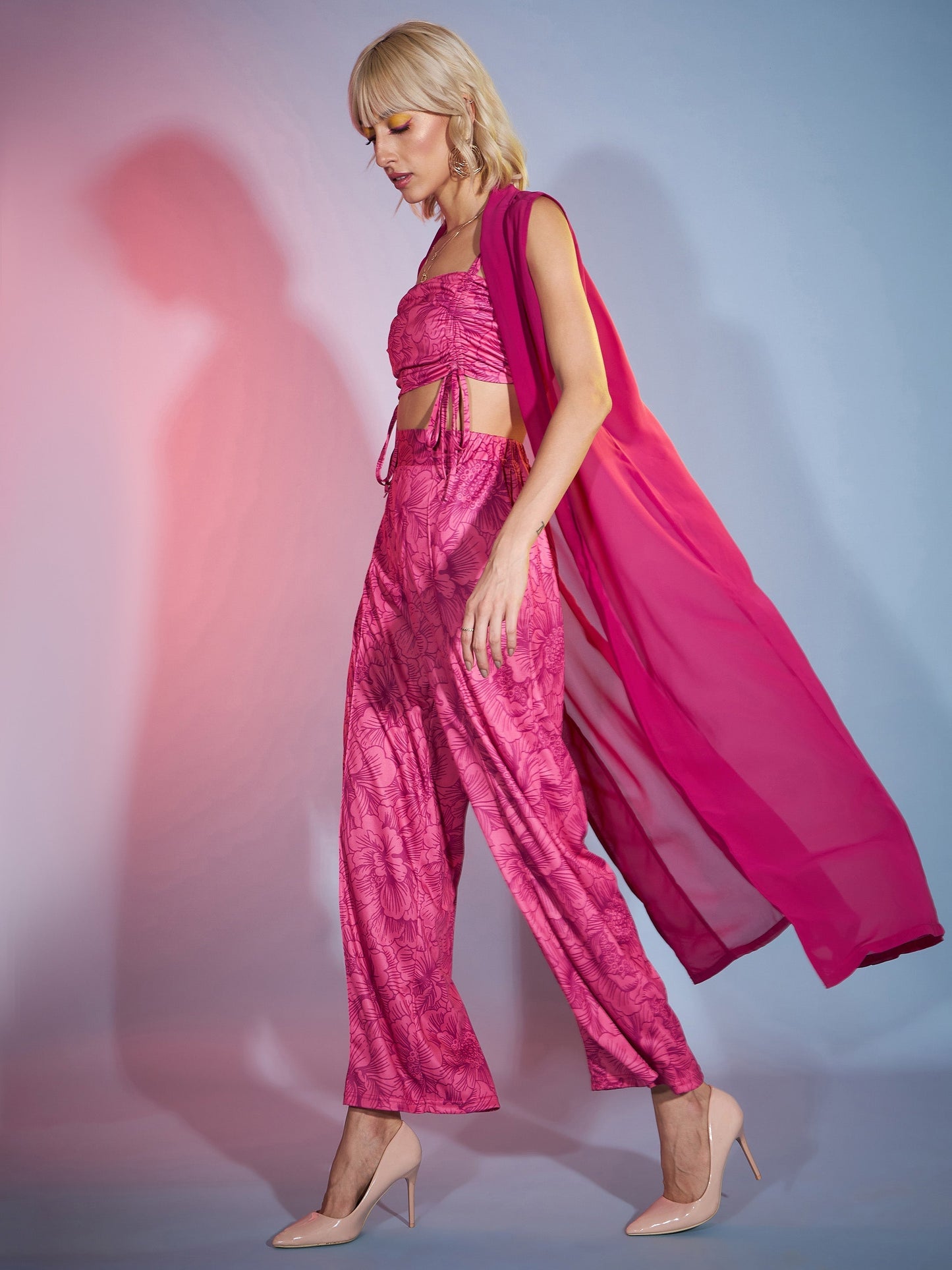 Women's Pink Ruched Crop Top With Pants & Shrug