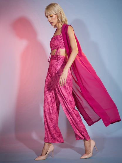 Women's Pink Ruched Crop Top With Pants & Shrug