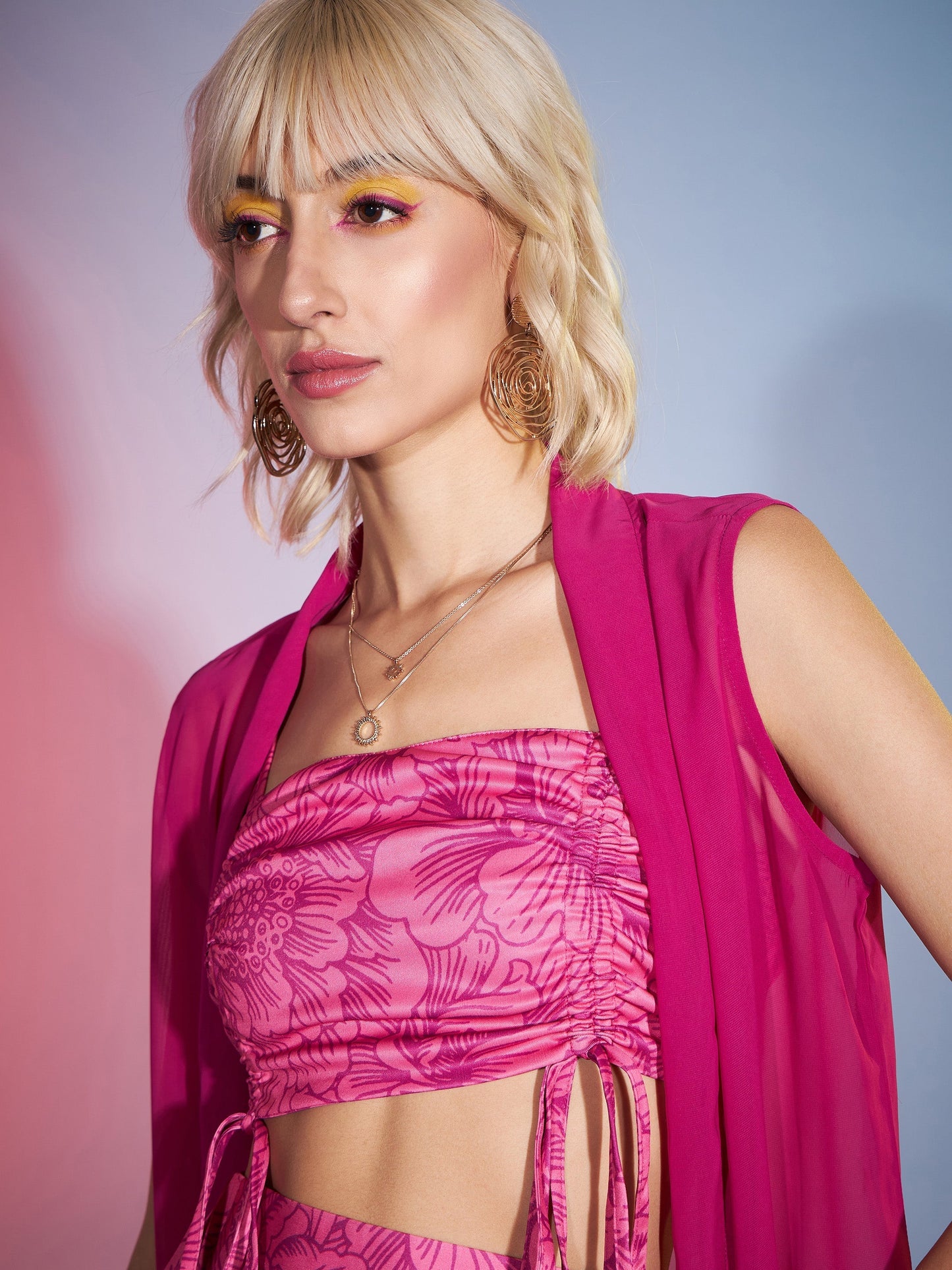 Women's Pink Ruched Crop Top With Pants & Shrug