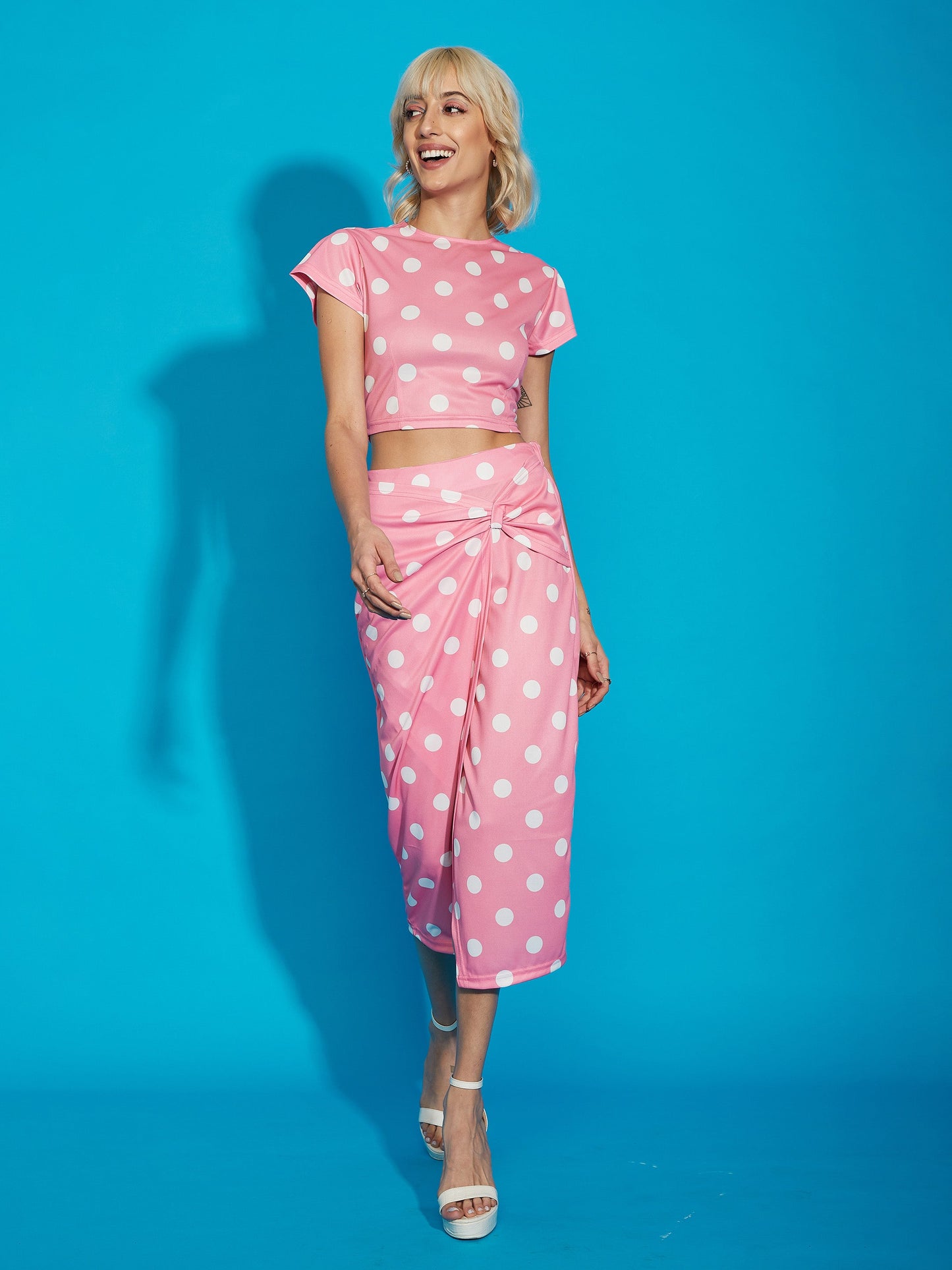 Women's Pink Polka Dot Crop Top With Twisted Midi Skirt