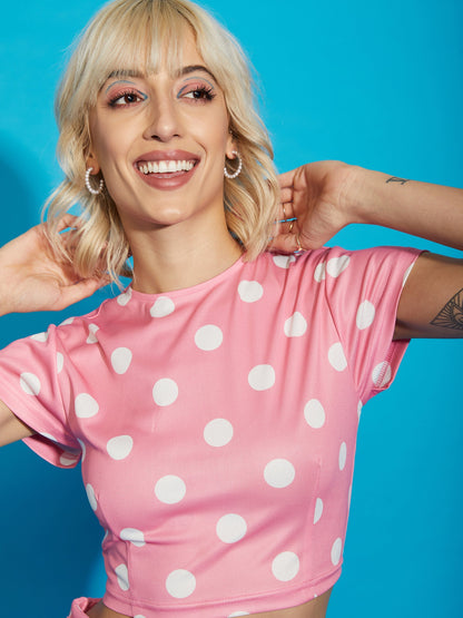 Women's Pink Polka Dot Crop Top With Twisted Midi Skirt