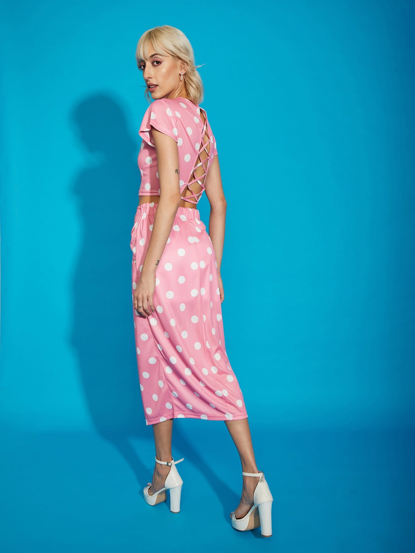 Women's Pink Polka Dot Crop Top With Twisted Midi Skirt