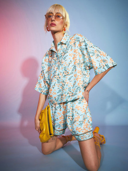 Women's Green Floral Boxy Shirt With Paperback Shorts