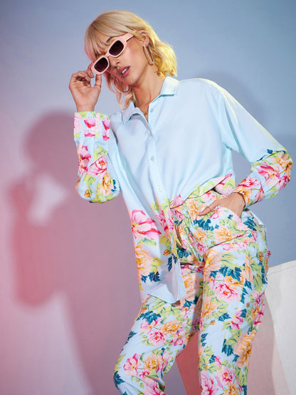 Women's Turquoise Floral Oversized Shirt With Tapered Pants