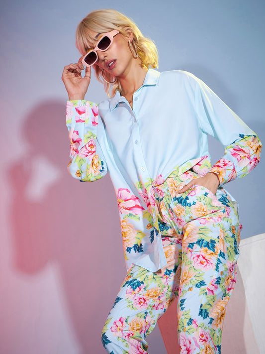 Women's Turquoise Floral Oversized Shirt With Tapered Pants