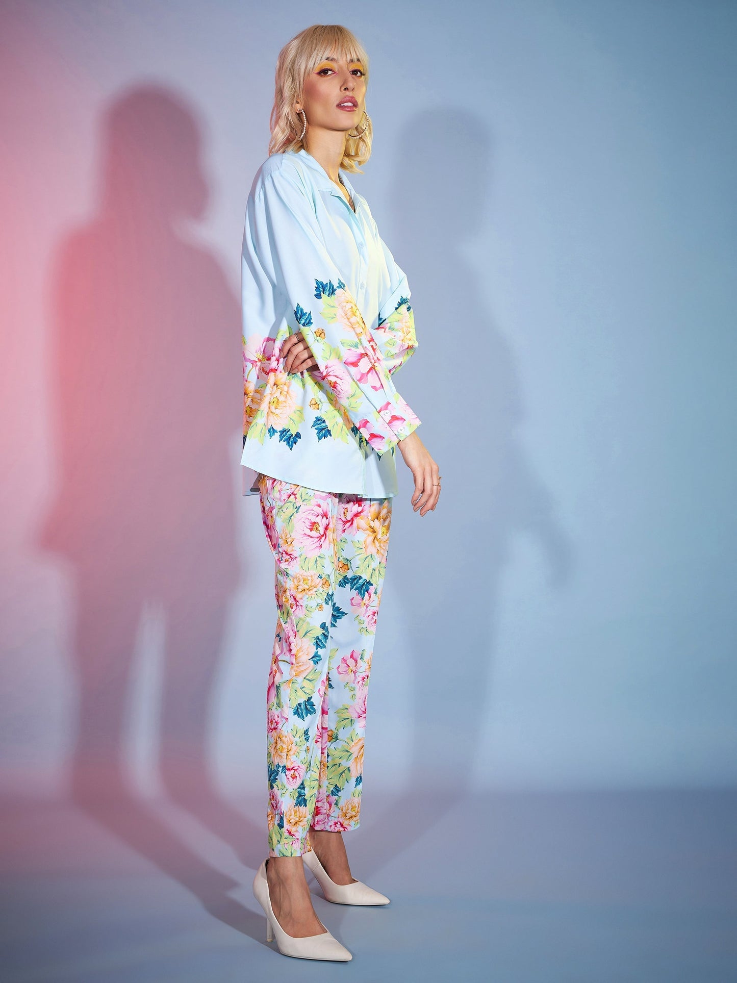 Women's Turquoise Floral Oversized Shirt With Tapered Pants