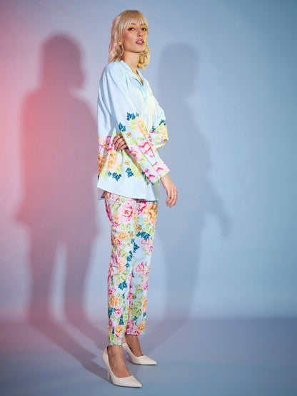 Women's Turquoise Floral Oversized Shirt With Tapered Pants