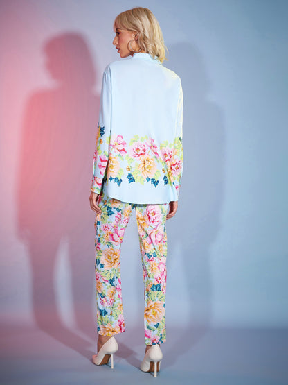 Women's Turquoise Floral Oversized Shirt With Tapered Pants