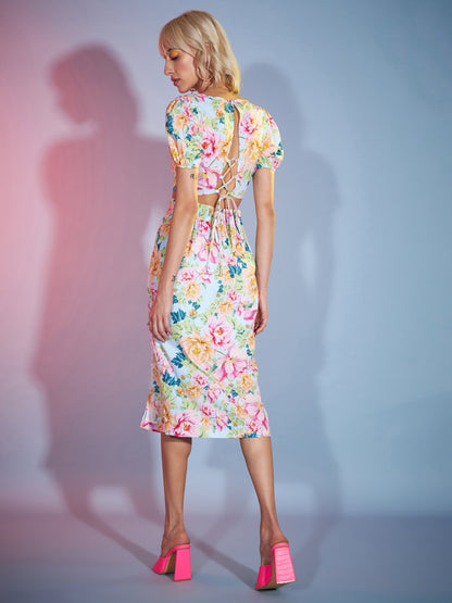 Women's Turquoise Floral Wrap Crop Top With Midi Skirt