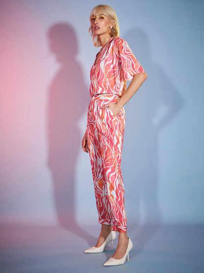 Women's Coral Watercolor Crop Blazer With Tapered Pants