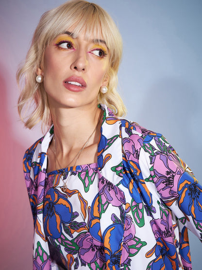 Women's Purple Big Floral Crop Top With Skirt and Blazer