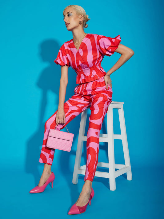 Women's Pink Abstract Print Peplum Top With Tapered Pants