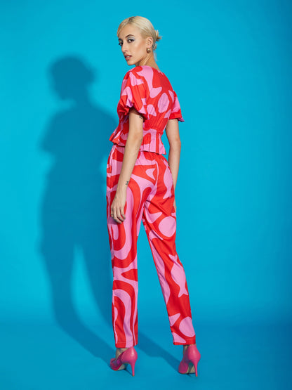 Women's Pink Abstract Print Peplum Top With Tapered Pants