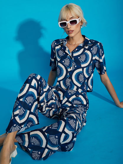 Women's Indigo Geometric Crop Shirt With Straight Pants